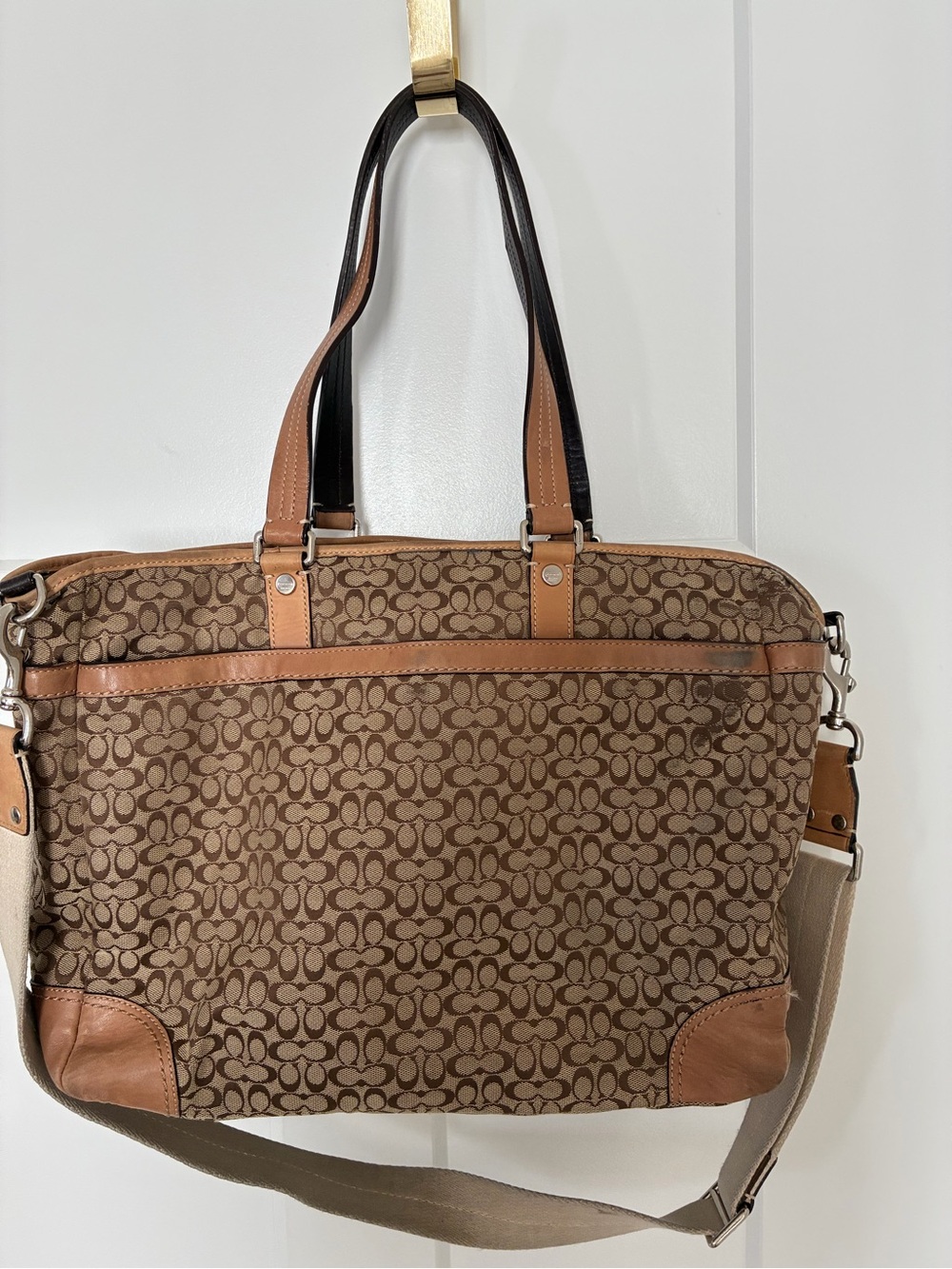 Coach Signature Canvas Laptop Tote Bag in Brown with Tan Leather Trim - Picture 2 of 16